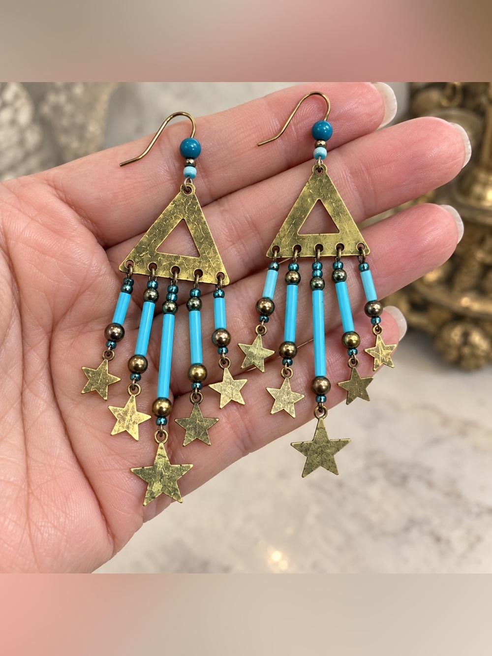 Turquoise Blue Beaded Star Chandelier Statement Earrings